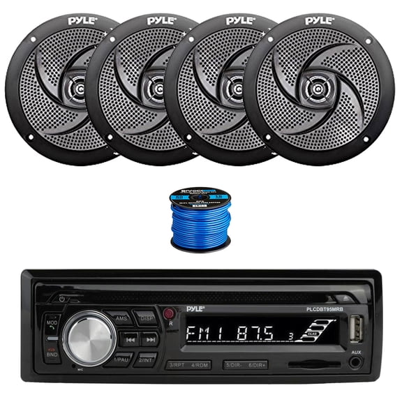 Pyle PLCDBT95 In Dash Bluetooth Marine Stereo Radio MP3 CD Player AM/FM Receiver, 4X 5.25" 180 Watt 2-Way Slim Low Profile Audio Speakers (Black) w/ Wire