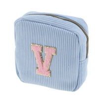 Unique Bargains 1 Pc Letter V Pattern Makeup Bag for Travel Blue Corduroy