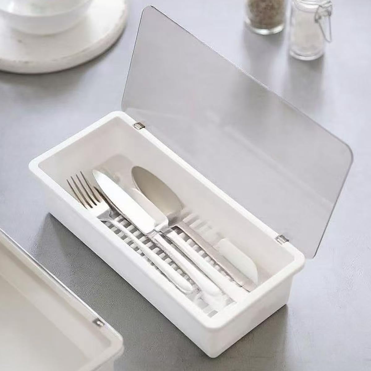 White Flatware Tray Kitchen Drawer Organizer With Lid And Drainer - Plastic Kitchen Cutlery Tray and Utensil Storage Container with Cover - 11.0 Inch Silverware Holder Drawer Organizer.