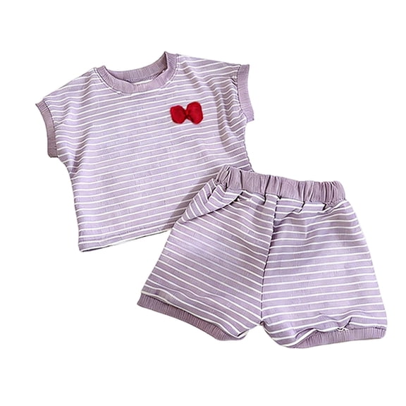 LIIPEE Girls Outfit Sets Casual Summer Striped Printed Short Sleeve Crew Neck Bow Decoration T Shirt Elastic Waist Shorts 2 Piece Set Kids Comfortable Breathable Cute Clothing,Purple,8-9 Years