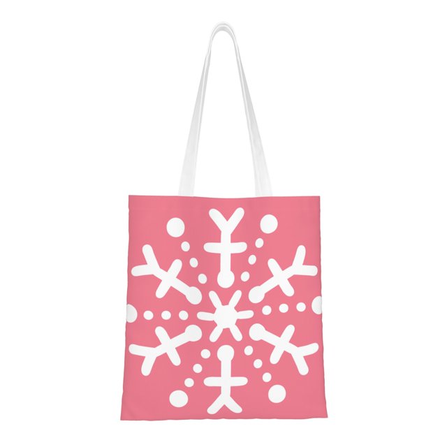 YFYANG Reusable Cotton Canvas Tote Shopping Bag, Pink Snowflake Pattern Washable Portable Grocery Bag for Daily Travel