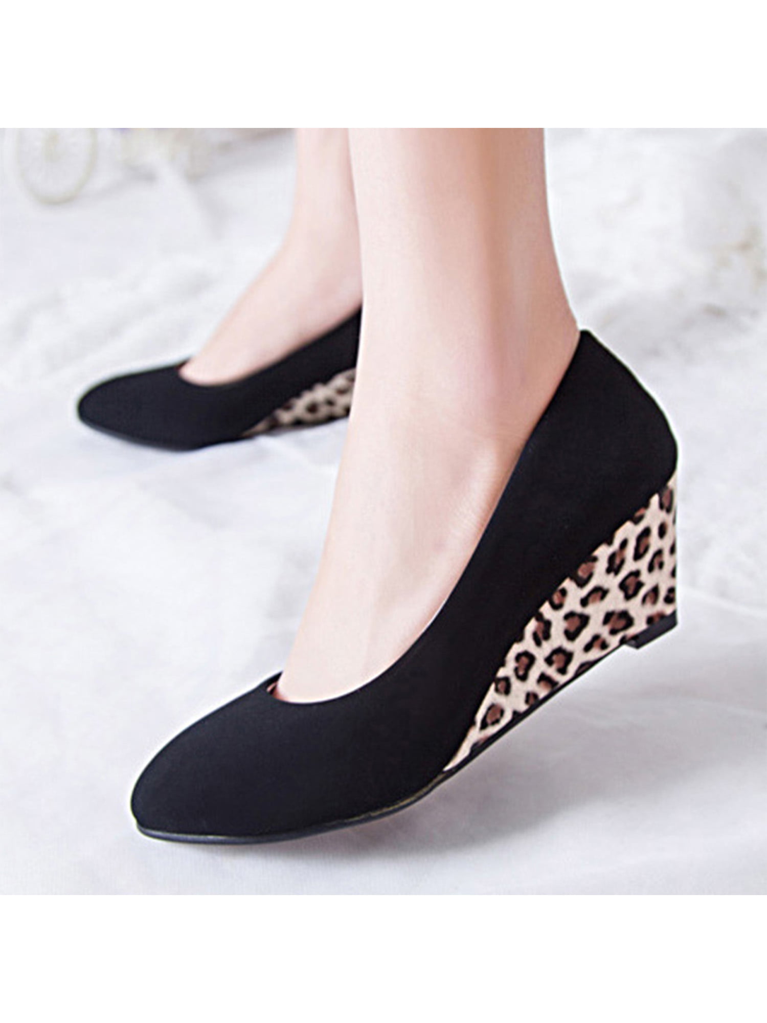 Womens Stylish Stretch Wedge Heel Leopard Hidden Heel Round Toe Pull On Boots 
