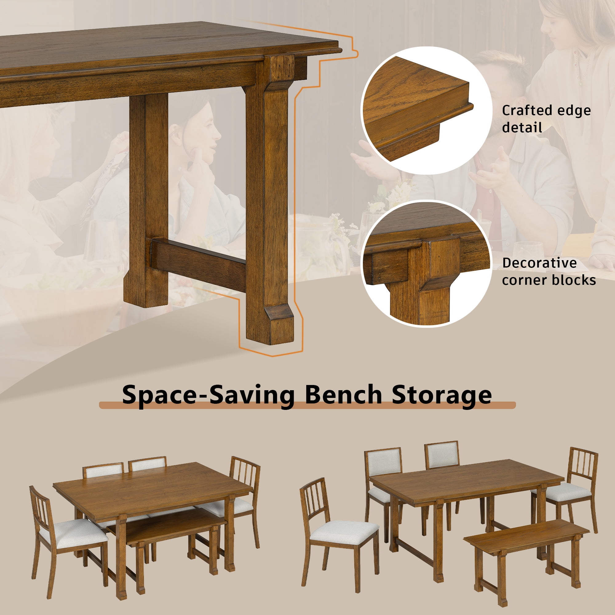 Euroco 6-Piece Farmhouse Dining Table Set for 6, 59.8" Space Saving Kitchen Table & Chairs Set with Wood Frame,Ideal for Kitchen & Dining Room, Restaurant,Walnut