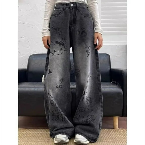 Sanrio Hello Kitty  Graffiti Washed Black Baggy Jeans Women Cartoon Vintage Streetwear Wide Leg Pants Y2k Korean Trend Trousers