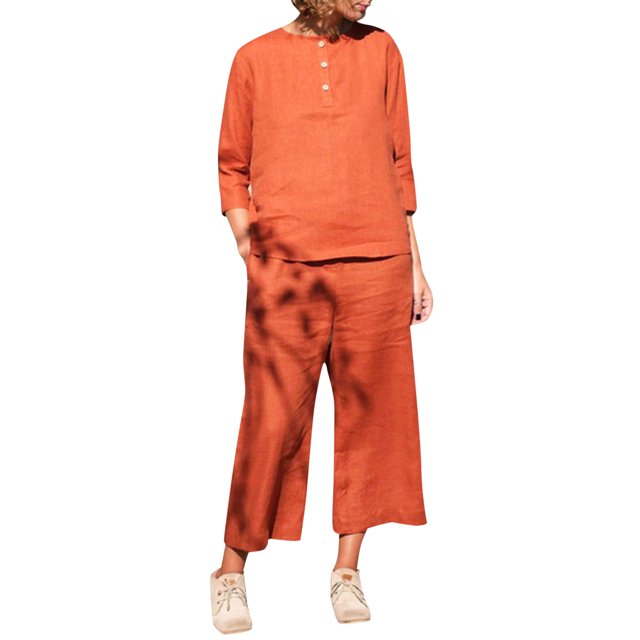 Gibobby Conjunto de sudadera informal para mujer Mujer Casual Color sólido Algodón Lino Cuello redondo Manga larga Botón Top Pantalones Conjunto(Naranja,XL)
