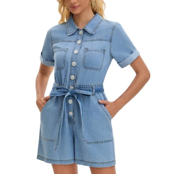 INSPIRE CHIC Womens Short Sleeve Denim Jumpsuit Button Down Elastic Waist Jean Romper Shorts XL Blue