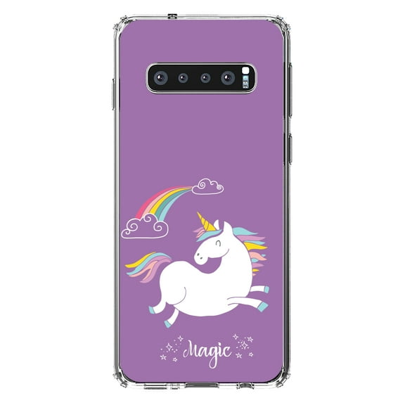 DistinctInk Clear Shockproof Hybrid Case for Samsung Galaxy S10  PLUS(6.4" Screen) - TPU Bumper, Acrylic Back, Tempered Glass Screen Protector - Unicorn - Rainbown - Magic - Purple