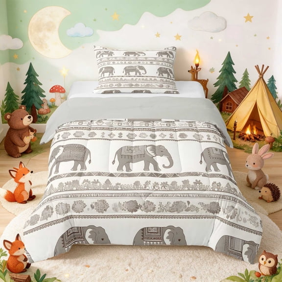 Erosebridal Elephant Twin Comforter Sets for Boys Girls, Boho Stripes Bedding Set, Gray Reversible 2-Piece 1 Comforter and 1 Pillowcase
