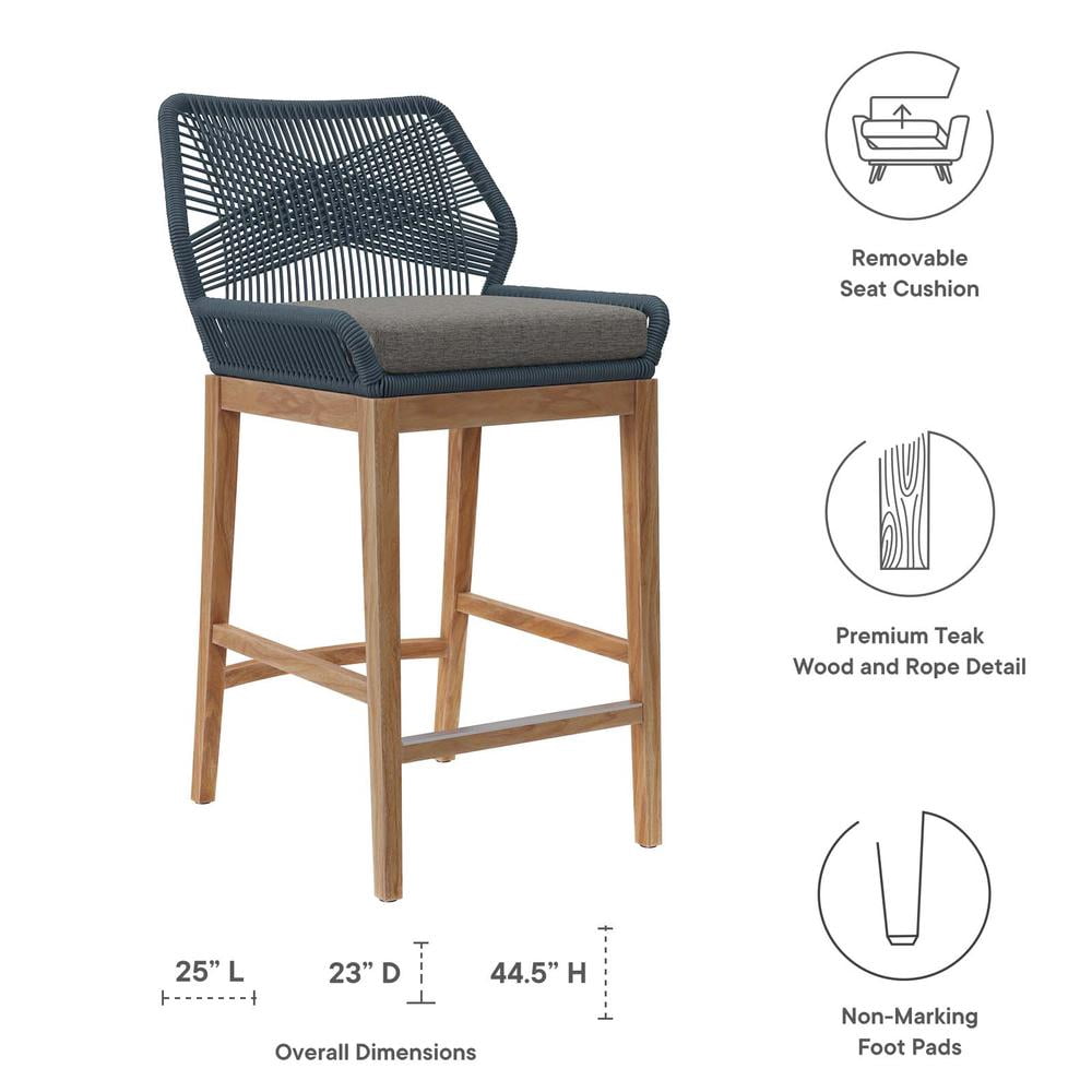 Modway Wellspring Outdoor Patio Teak Wood Bar Stool in Blue/Graphite