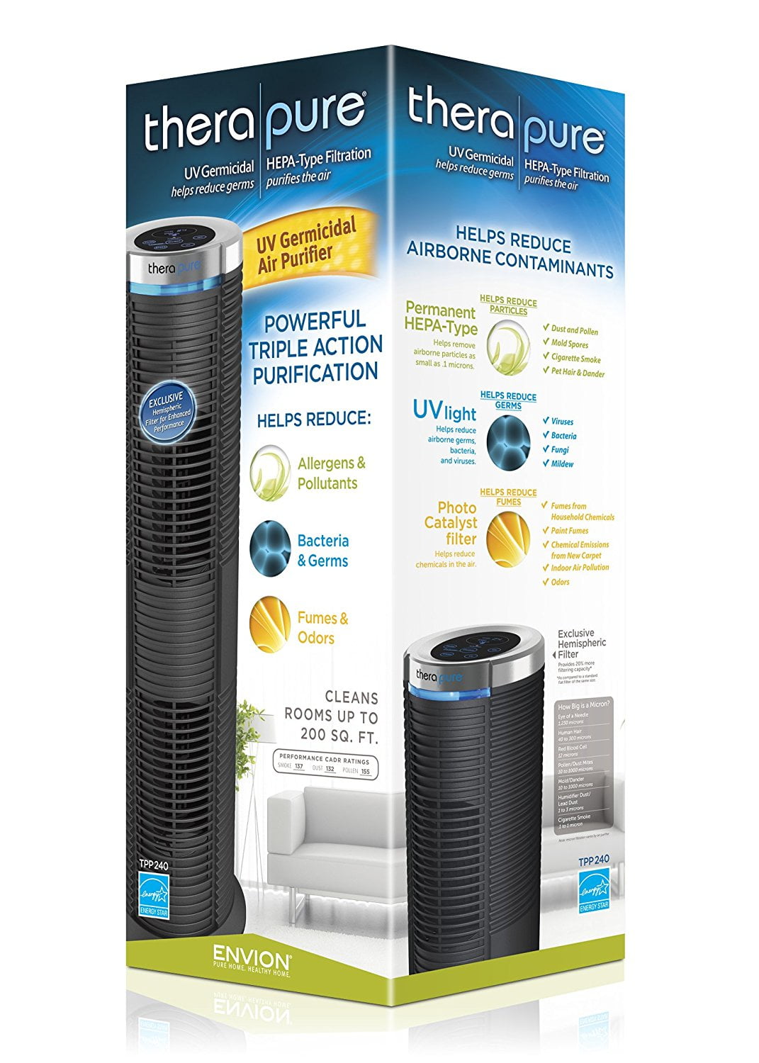 Envion Therapure 240M UV Germicidal, HEPA Style Air Purifier, 3Speed