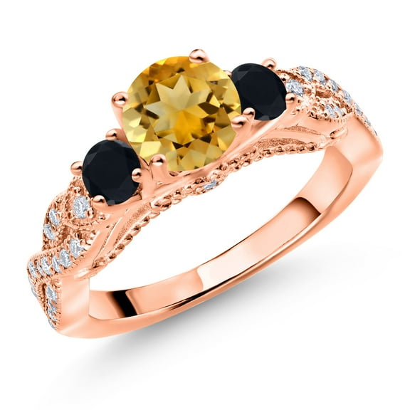 Gem Stone King 18K Rose Gold Plated Silver Yellow Citrine Black Onyx and White Moissanite Engagement Ring for Women (1.27 Cttw, Gemstone November Birthstone, Round 6MM and 3MM, Size 6)