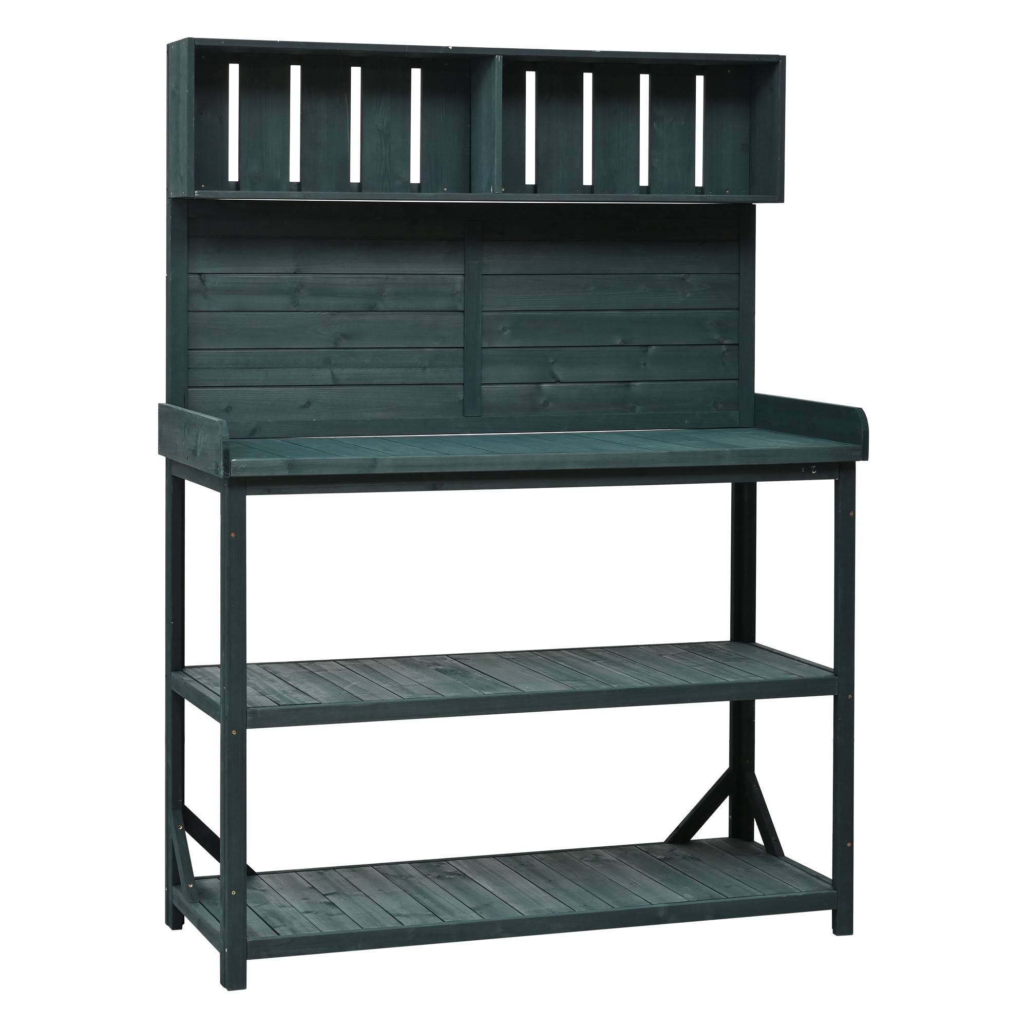 MAYEERTY 65" Tall Outdoor Wood Potting Bench, Farmhouse Garden Workstation with 4-Tier Storage Shelves, Side Hooks & Anti-Falling Safety Device for Patio, Backyard, Lawn