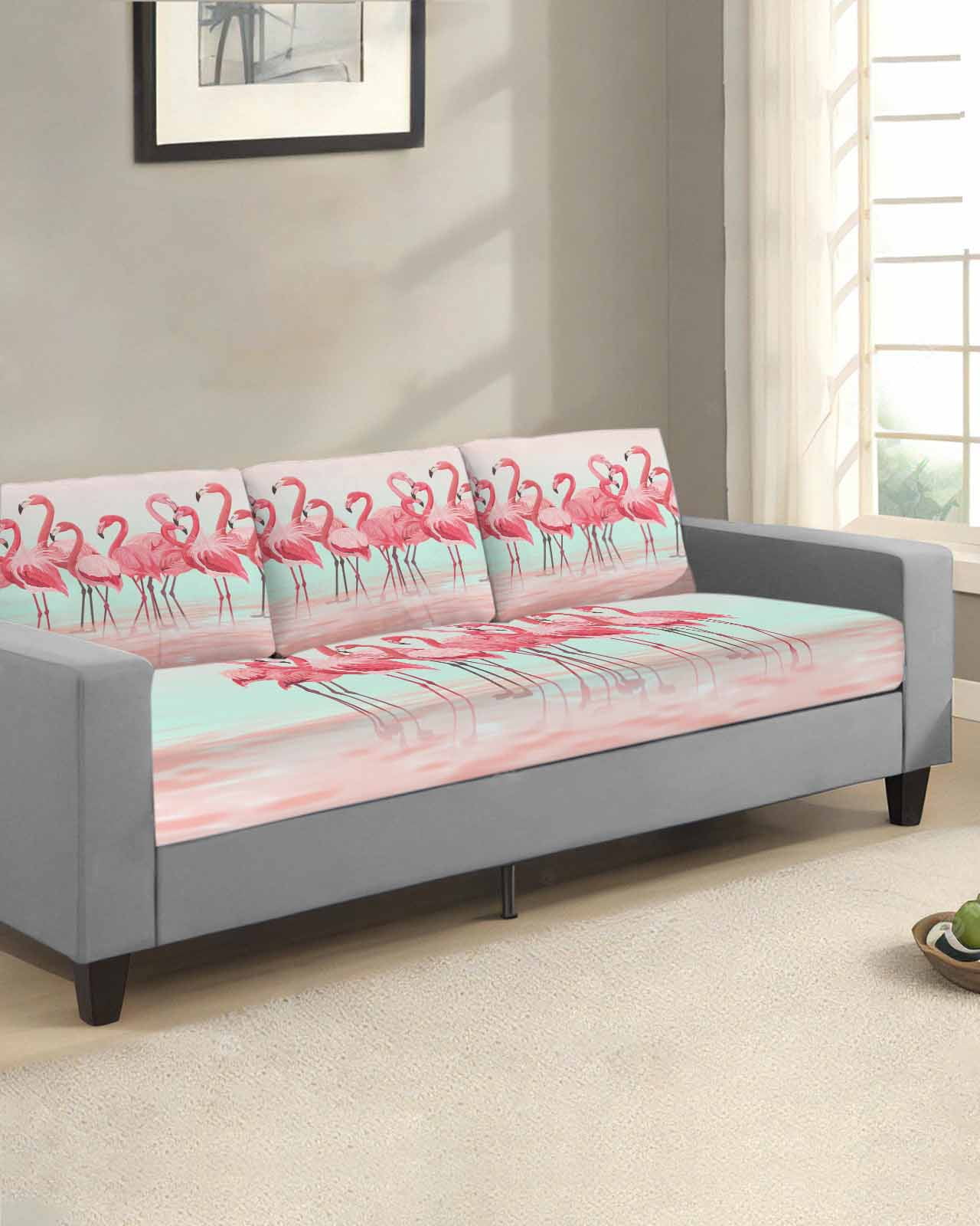 Pink Flamingo Couch Cushion Covers,Stretch Seat Cushion Covers for Sectional Sofa,Summer Tropical Flamingo Hawaii Animals Individual Sofa&nbsp;Slipcovers Furniture Protector Elastic Straps 1Pcs,S