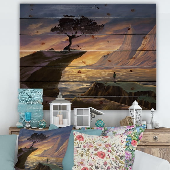 Designart 'Tree On A Sea Cliff At Evening Light' Lake House Print on Natural Pine Wood