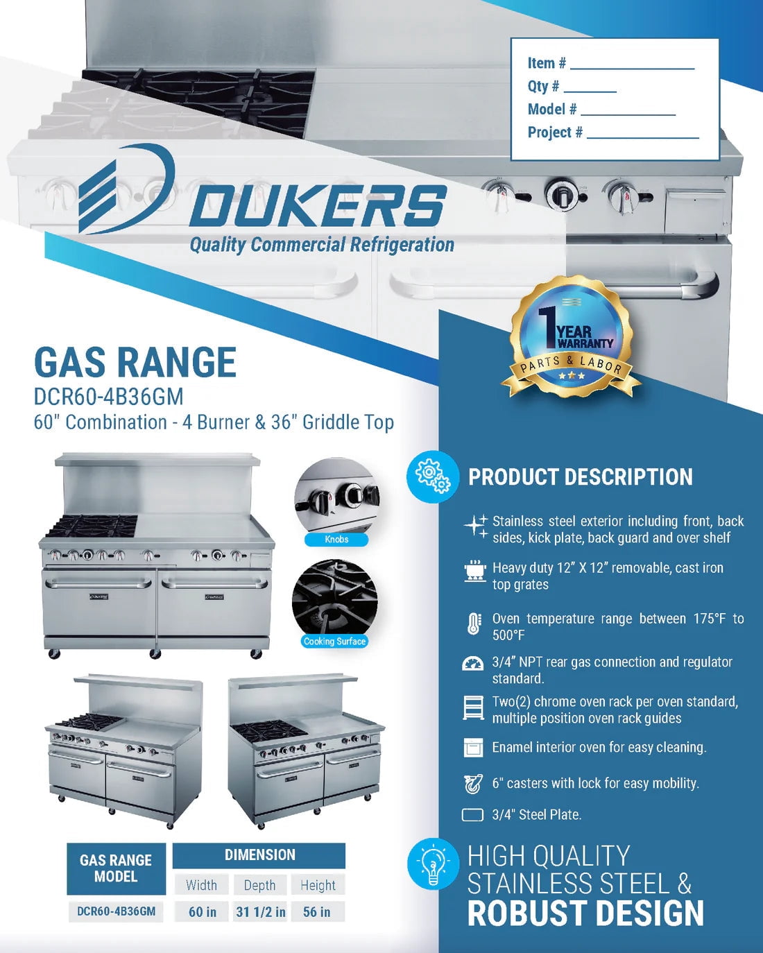 Dukers Stainless Steel  60" Gas Range with 4 Open Burners & 36" Griddle - DCR60-4B36GM 60"