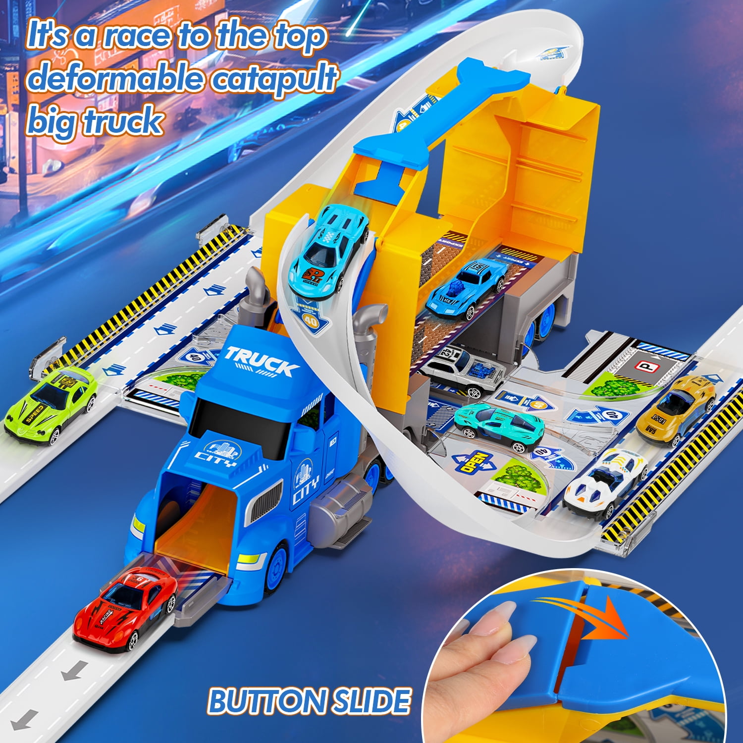 Huge Wave Carrier Truck Race Track Toys for Kids, 2 in1 Transport Trucks Set W/Track & 8 Race Cars, Racing Toys for 3-8 Years Old Boys Kids Toddler Car Set Gifts for Boys and Girls(Blue)