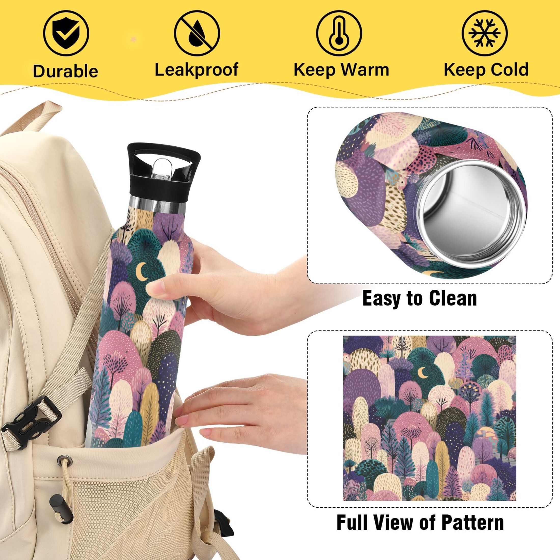 600ML Stainless Steel Insulated Cup Sports Water Bottle Portable Thermos Cup Water Glasses Insulated Tumblers Convenient and Durable Colorful Little Tree