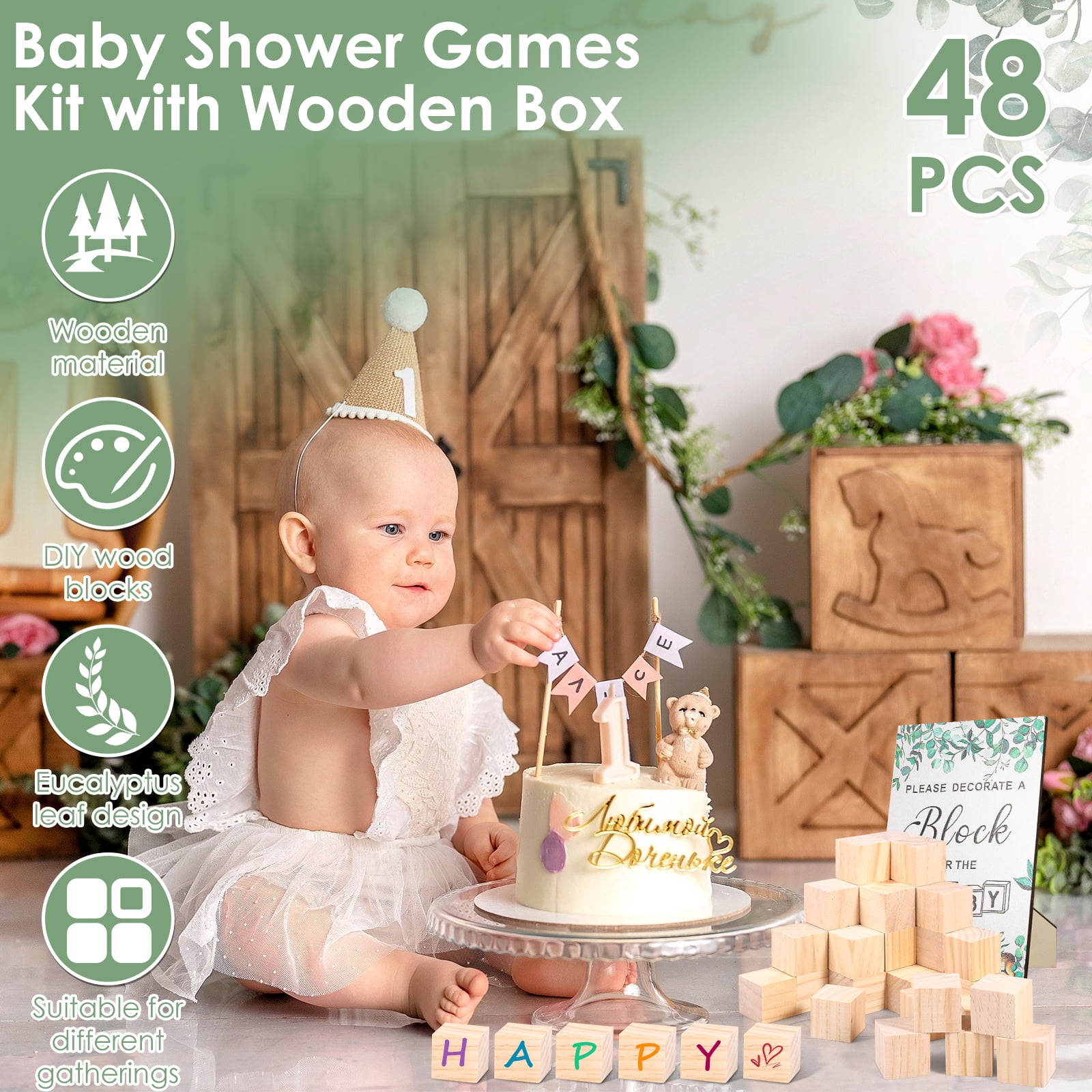 104Pcs Baby Shower Block Game Set Funny Baby Shower Games Sign Kit with 12 Marker 48 Wood Cube 42 Stencils Wood Sign for Party