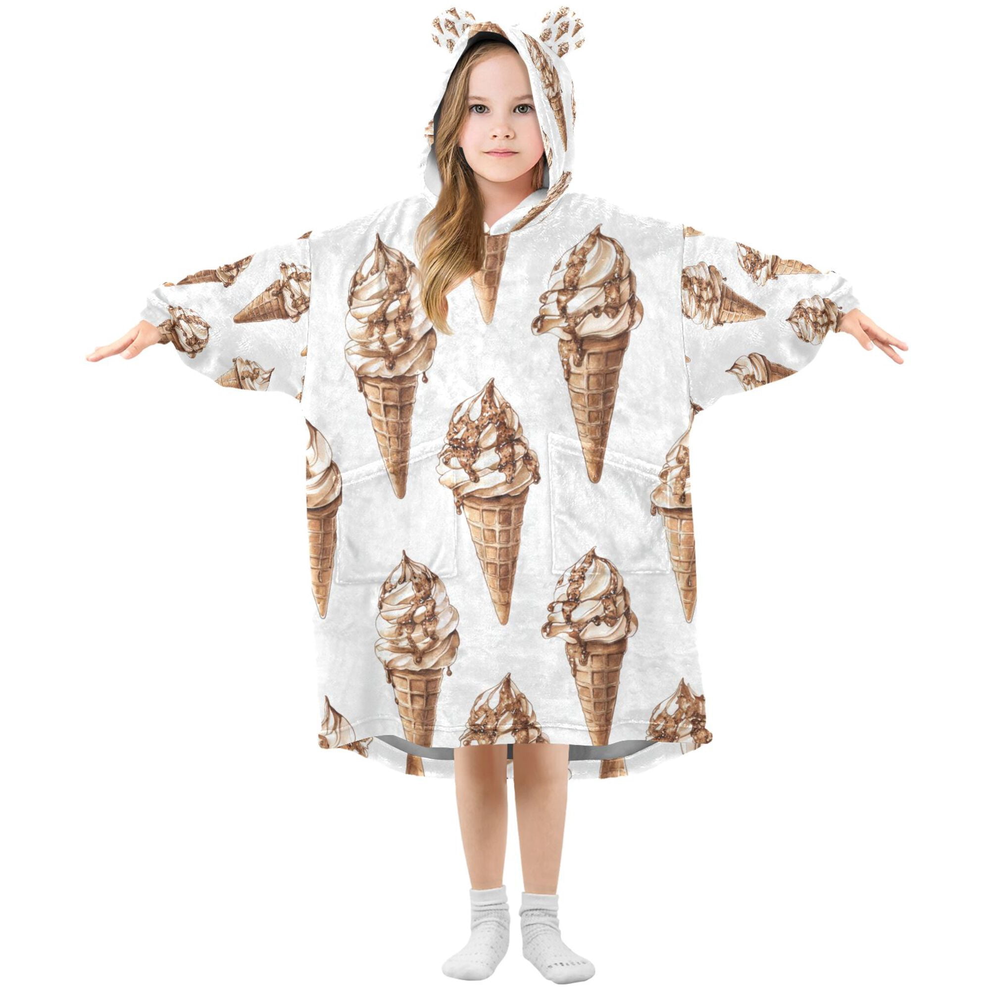 FORMRS Wearable Blanket Hoodie with Sleeves for Kids Cozy Flannel Sweatshirt Brown Ice Cream Pattern