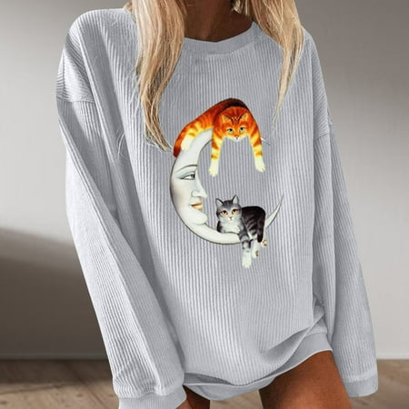 

YFPWM Womens Tops swim tops queen top Mesh Tops corset topRound Neck Moon Print Long Sleeve Top