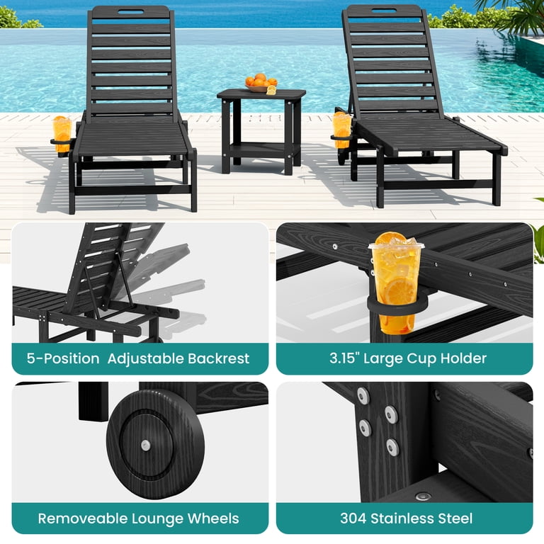 SERWALL Outdoor Chaise Lounge Set of 2, Black HDPE photo 2