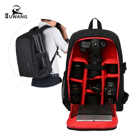 HUWANG Large Padded Camera Bag Outdoor Photography Travel Backpack Shock-proof Water-resistant with Rain Cover Tripod Holder Laptop Pocket for Nikon Canon Sony DSLR