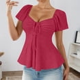 thumbnail image 2 of JIAYUE Women's Shirts Fashion Summer Short Sleeve With Drawstring V-Neck Tie Design Casual Solid Color Tee Female Trendy Tops, 2 of 5