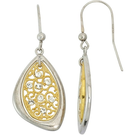 Giuliano Mameli White Crystal Accent 14kt Gold-Plated Sterling Silver Oval Beaded Filigree Triangular White Frame Drop Earrings