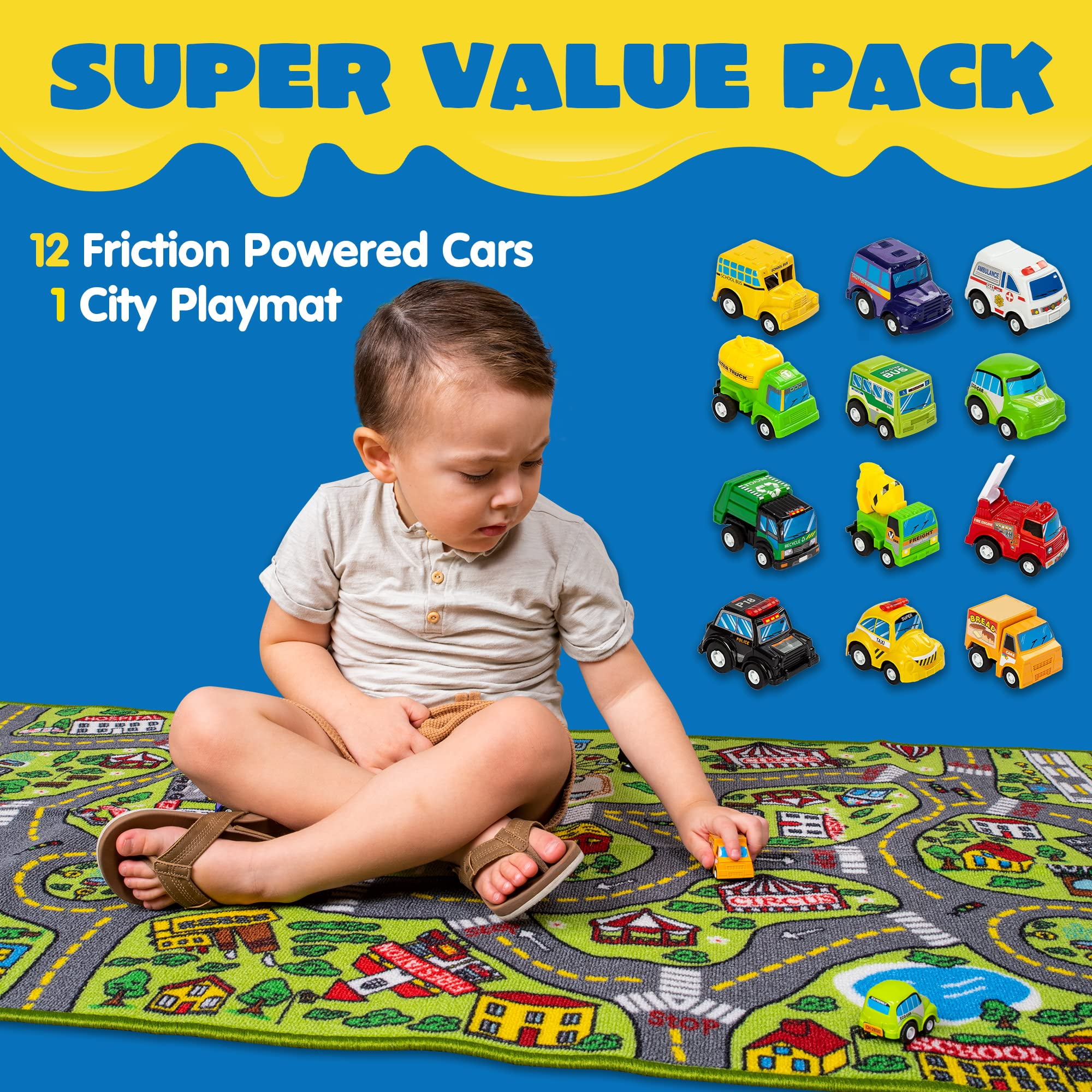 Joyfy Kids Rug for Playroom, Durable City Car Track Playmat Rug with 12 Mini Vehicle Set,58.5" x 31.5"