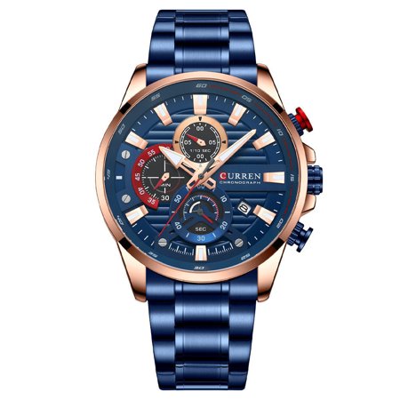 Mens Six-Hand Quartz Watch With Stainless Steel Band, Titanium Clasp, 30M Waterproof, 46mm Round Dial