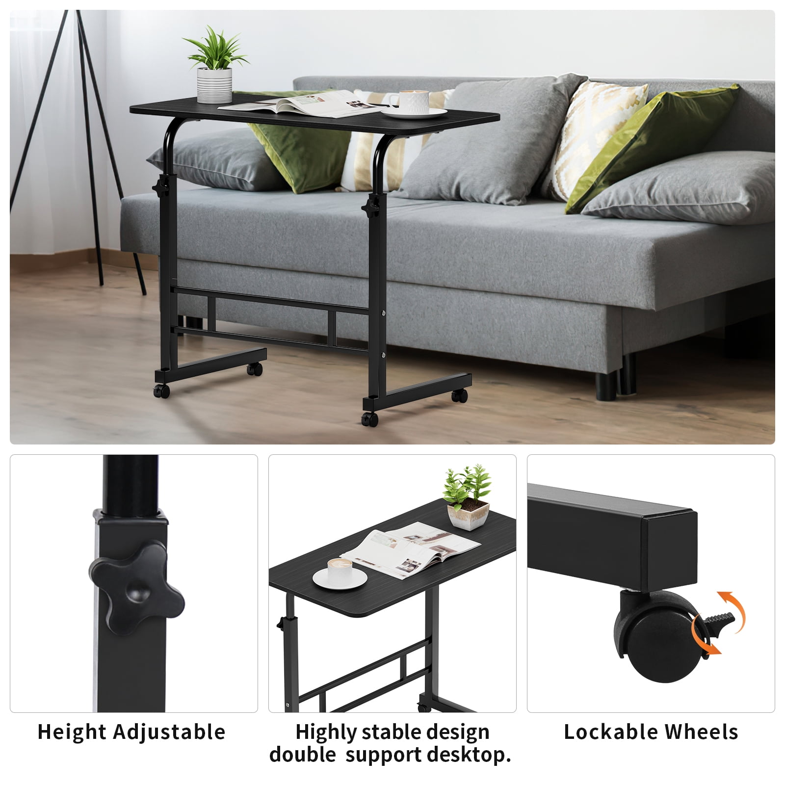 KAAYEE 27"-39"Height Adjustable Rolling Sewing Table Computer Desk for Sofa,Bedroom,Black