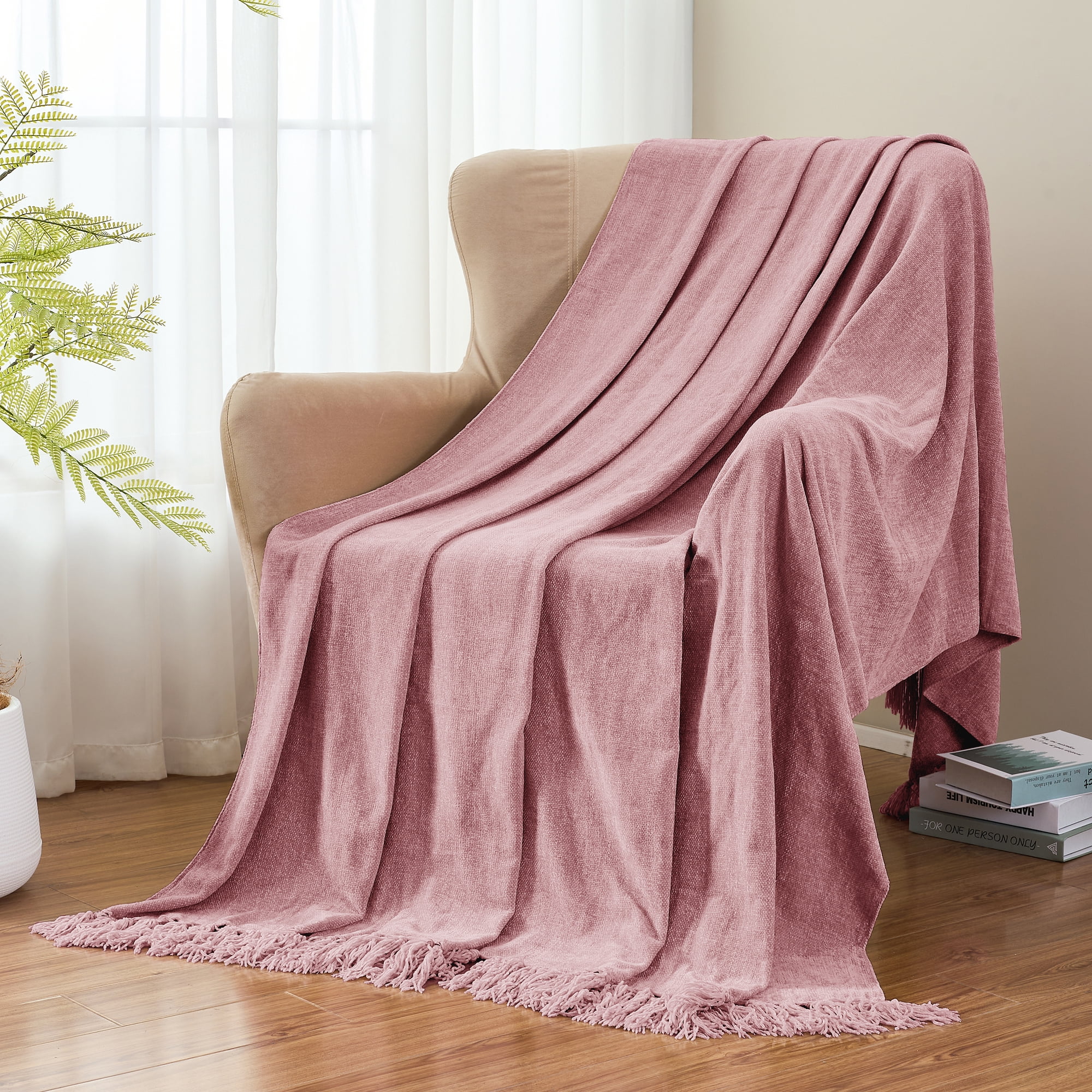 LONG CREATE Chenille Throw Blanket with Fringe Tassel for Couch Sofa Chair Bed, Mauve 60" x 90"