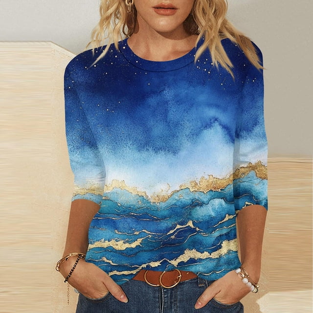 UPPADA Blouses pour Femmes Grande Taille à Manches 3/4, T-Shirts à Imprimé Floral Teintable, Chemises Décontractées Tendance à Col Rond, Chandails Confortables à Enfiler, Hauts Blouses Mignons d'Été, Hauts pour Femmes à Manches 3/4, Aubaines