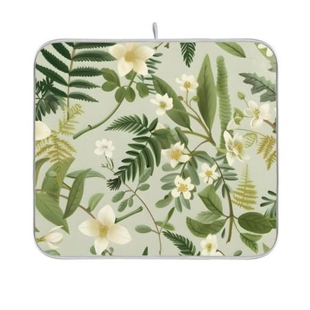 

White Flowers Palm Leaves Dish Drying Mat Absorption Pad Kitchen Drainer for Counter Dinning Table 16 x 18