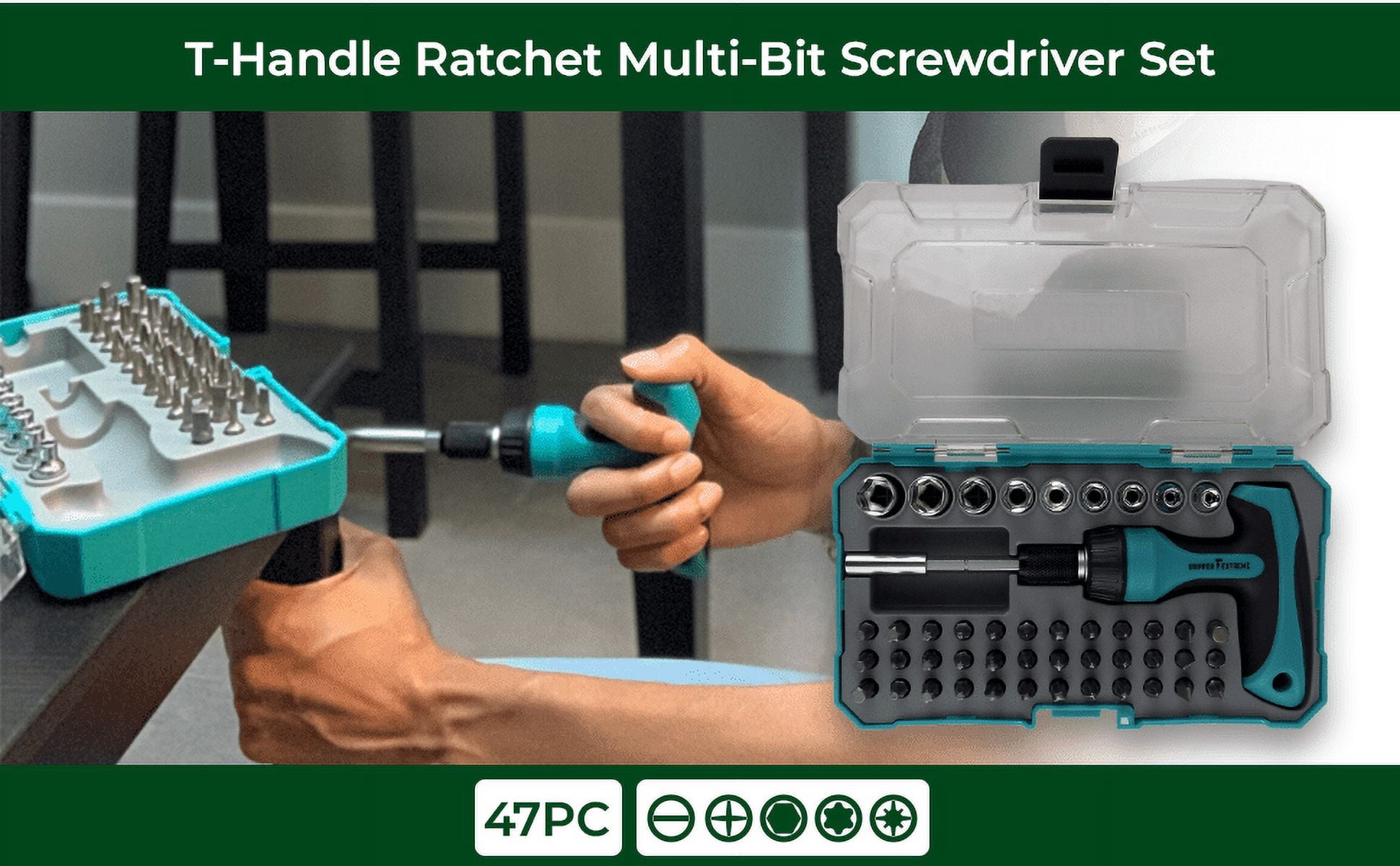 GRIPPER EXTREME, T-HANDLE RATCHET MULTI-BIT SCREWDRIVER SET