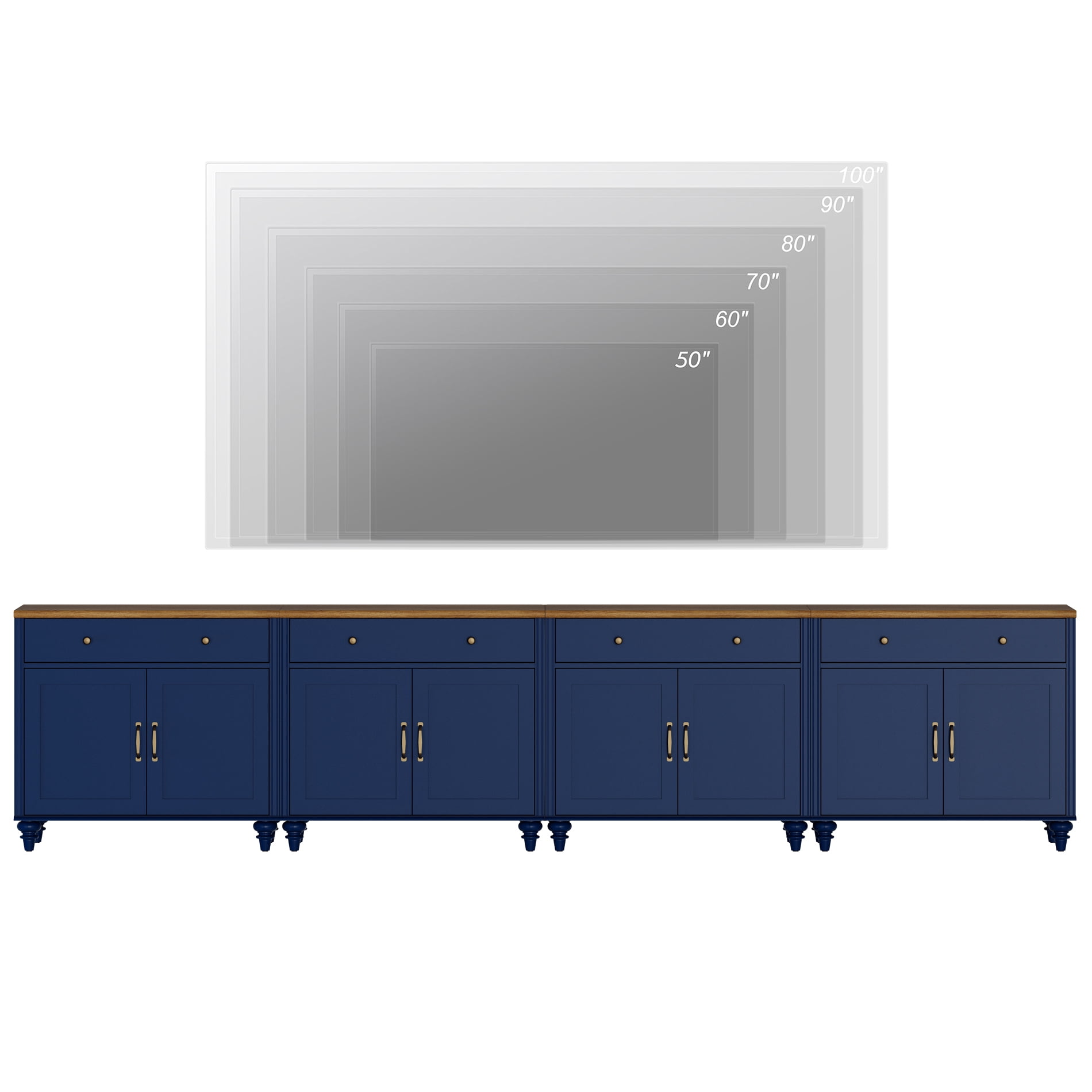 TV Stand for 100 inch TV with 8 Doors and 4 Drawers, Wood Universal TV Stands with Storage Cabinets, Entertainment Center TV Console Table for Living Room, Bedroom, Navy Blue