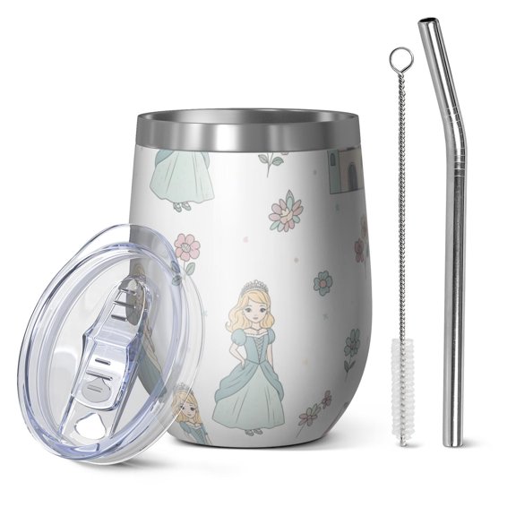 12oz Stemless Wine Tumblers Princess Castle Flower Pattern Vacuum Insulated Stainless Steel Travel Tumbler Cups Mug with Lid and Straw for Champaign,Cocktail,Beer with Cleaning Brush