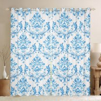 Manfei Vintage Western Damask Blackout Curtains Set of 2 (52x84 Each) for Adult, White Blue Flower Print Window Curtains, Boho Mandala Curtains and Drapes, Living Room Curtains Decor