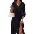 thumbnail image 4 of Xuanfei Women V Neck Tie Waist Long Sleeve High-Low Ruffle Hem Midi Dress, 4 of 5