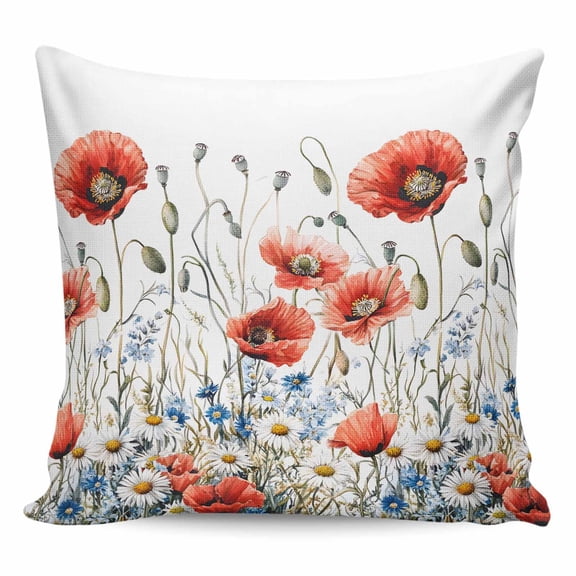 Throw Pillow Covers 20x20 Inch, Red Flower Decorative Pillow Cases for Couch Sofa Bed, Seasonal Blue Floral Botanical Wildflower Cotton Linen Square Home Decor Pillowcases with Hidden Zipper