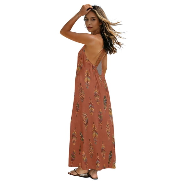 Women’s Backless Spaghetti Strap Maxi Dress Casual Flowy A-Line Long Dress with Crisscross Tie Back Terracotta Tones Feather