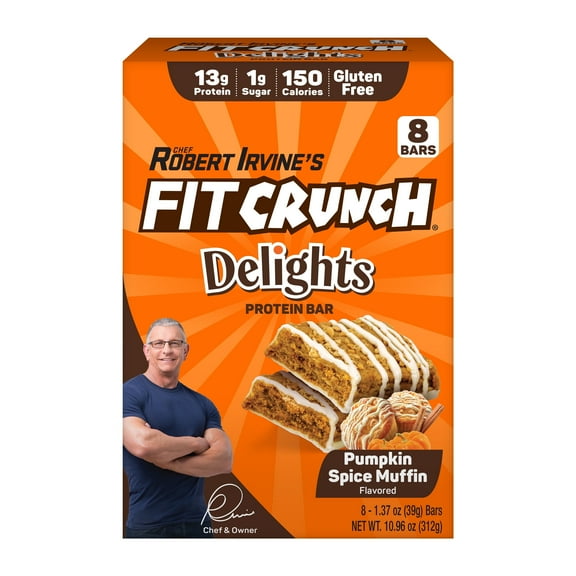 FITCRUNCH Delights Protein Bar, Designed by Robert Irvine, 13g of Protein & 1g of Sugar (8 Bars, Pumpkin Spice Muffin)