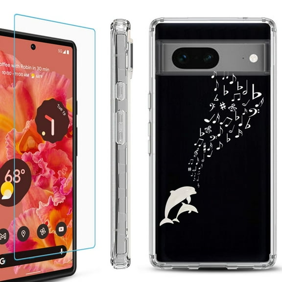 OneToughShield ® for Google Pixel 7a Shockproof Bumper Phone Case, with Tempered Glass Screen Protector - Dolphin Music