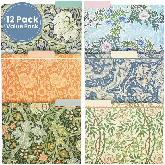 The Gifted Stationary 12 Pack William Morris Floral File Folders, Decorative 1/3 Cut Tab, Letter-Size Holders for Home Office in 6 Patterned Designs - Decorative File Folders - Office Supplies