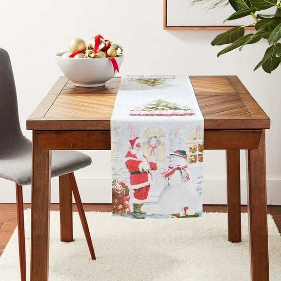 Violet Linen Christmas Snowed Man, Polyester, Super soft feel faux suede fabric, digital print, Santa Claus with Snowman Design, 12 Inch by 70 Inch, Decorative Table Runner