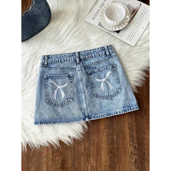 Light Wash Womens Denim Mini Skirt With Bow Embroidery, Low Waist A-Line Summer Skirt