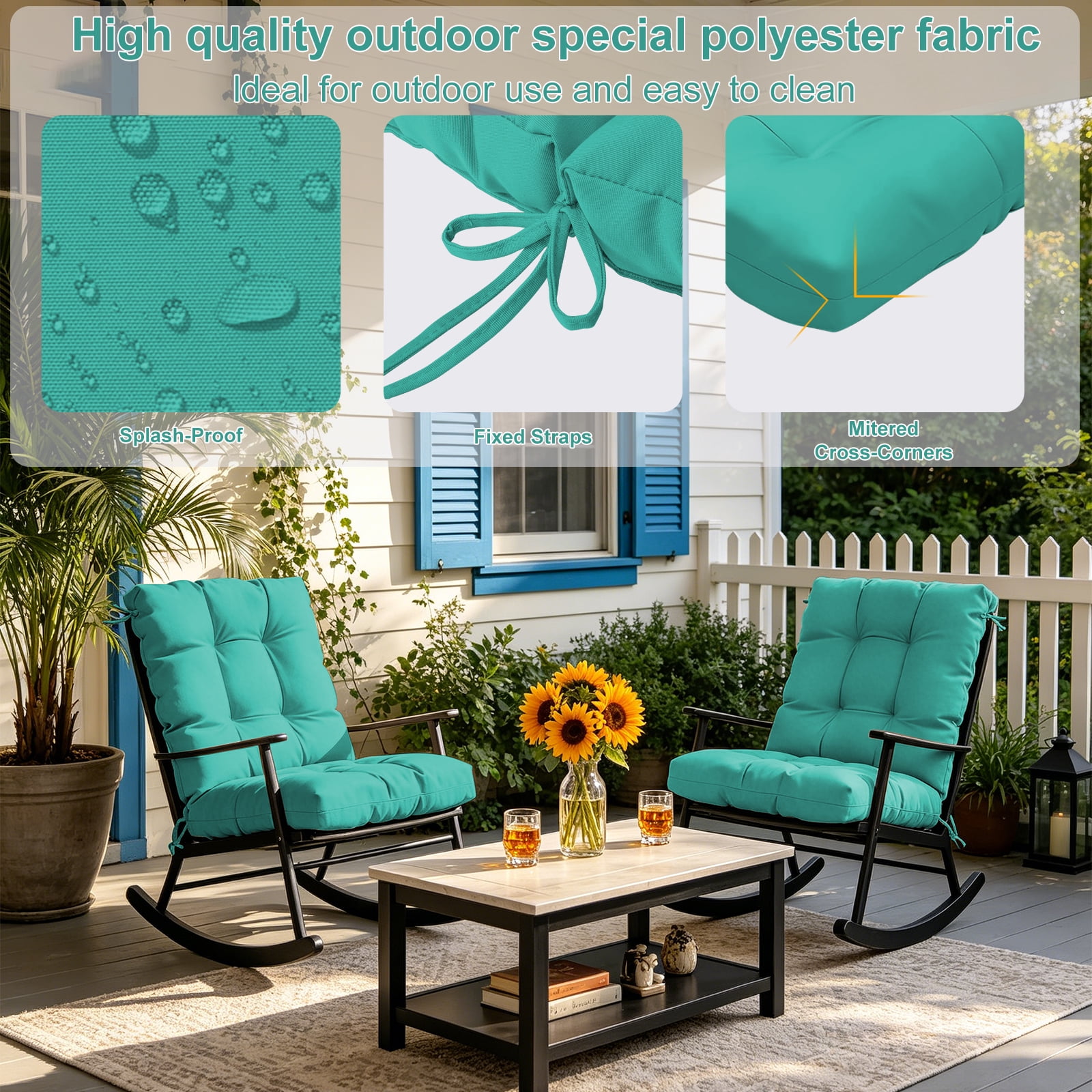 2-Pack 42"x21"x4" Outdoor Chair Cushions, High Back Soft Seat Pad with Ties, Fade-Resistant & Waterproof for Patio Dining/Rocking Chairs, Indoor/Outdoor Use,Lake Blue