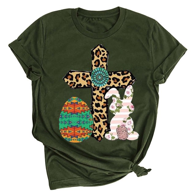 RKSTN Womens Tops 2024 Easter Eggs Printing Short Sleeve Crew Neck Tops Fashion Solid Color Soft Loose Plus Size Blouse Tops