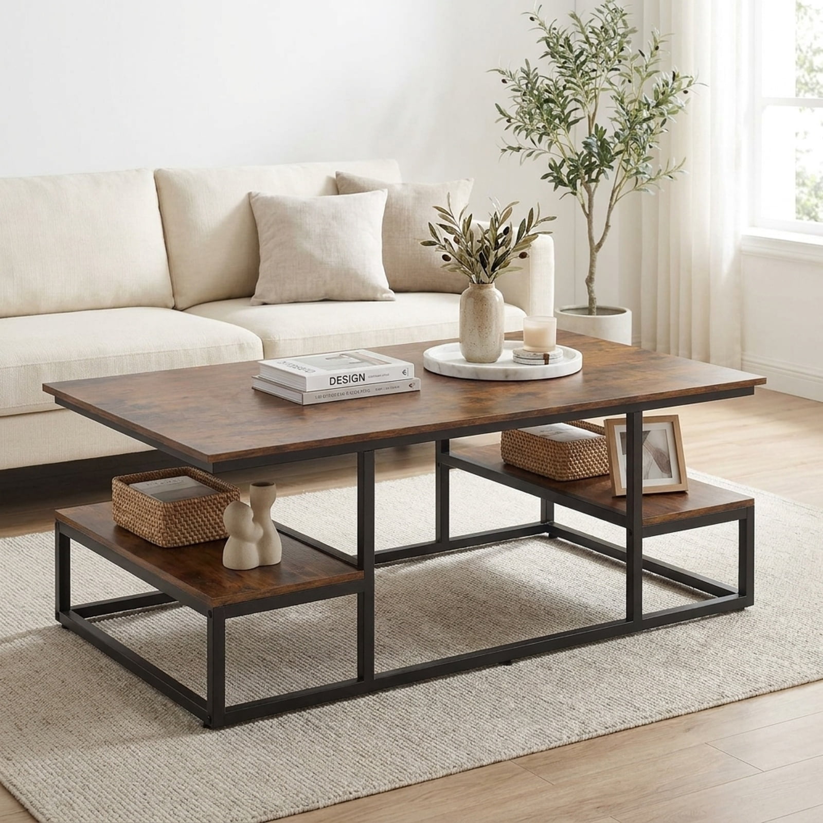 Furnibear 43 Inch Rectangle Coffee Table with Two Open Shelves and Metal Frame a Rustic Wood Living Room Center Table, Rustic Brown