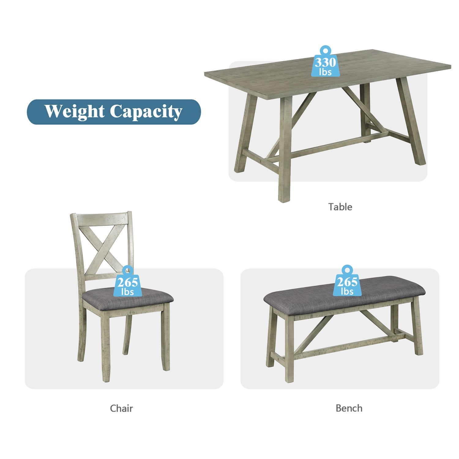 Kadyn Dining Table Set for 6, Kitchen Table Set with Table, Bench and 4 Chairs, 6 Piece Dining Table Set for Home, Gray Kadyn Dining Table Set for 6, Kitchen Table Set with Table, Bench and 4 Chairs, 6 Piece Dining Table Set for Home, Gray